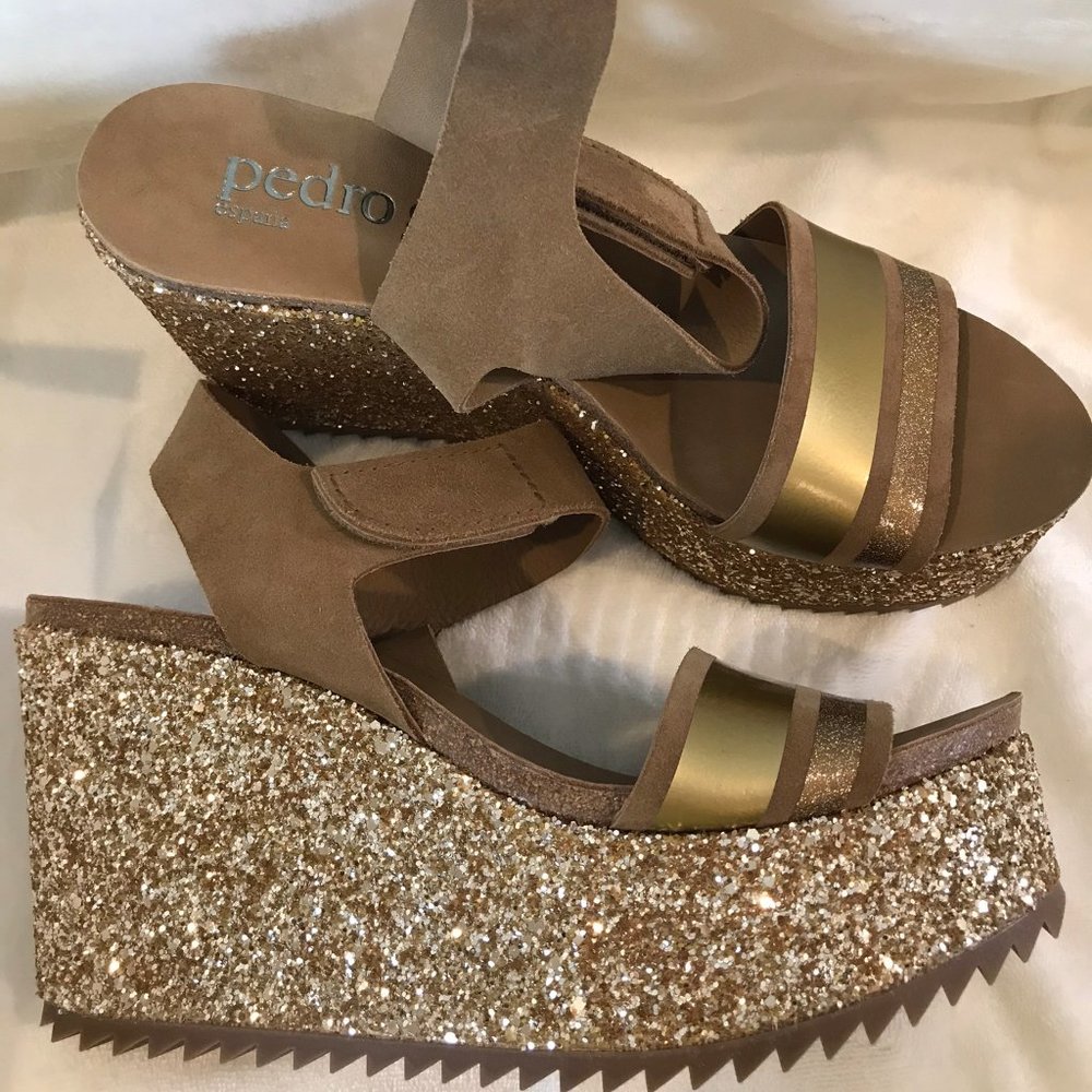 Pedro Garcia Gold and Tan Wedge Sandals 39